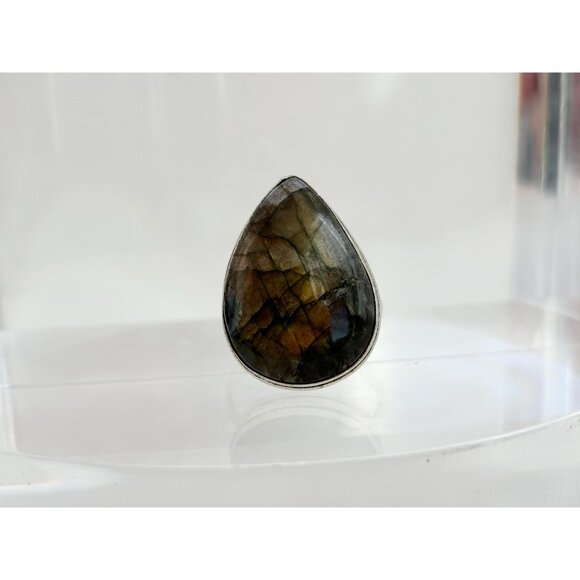 Teardrop Shaped Labradorite Vintage Sterling Silver Cabochon Ring - sz 12 - Picture 9 of 10